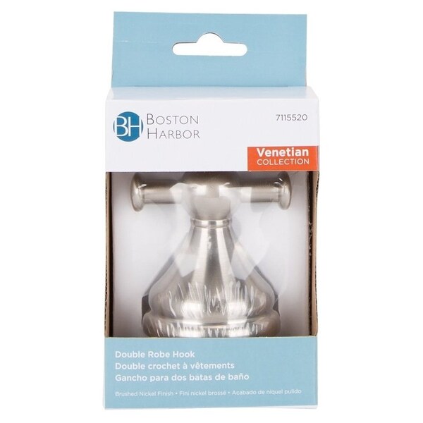 Boston Harbor Double Robe Hook, 2-Hook, Zinc, Brushed Nickel, Wall Mounting - L5053-13B-10-3L