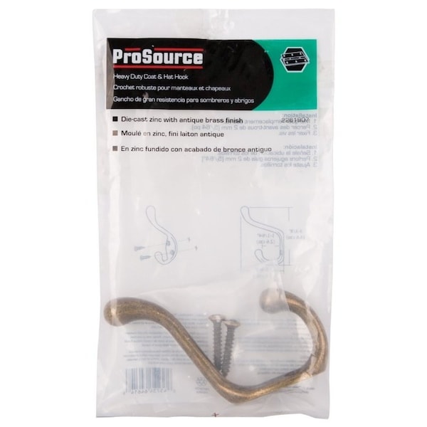 Prosource Coat and Hat Hook, 22 lb, 2-Hook, 1-1/64 in Opening, Zinc, Antique Brass - H6271007AB-PS