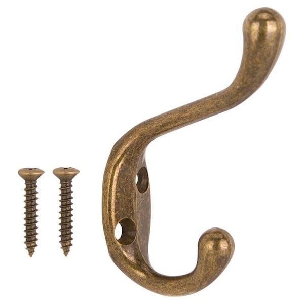Prosource Coat and Hat Hook, 22 lb, 2-Hook, 1-1/64 in Opening, Zinc, Antique Brass - H6271007AB-PS