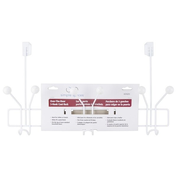 Simple Spaces Door Garment Hook, 6 lb, 3-Hook, Steel, Powder Coated, Hanging Mounting - SS-HG3-50-PE-3L