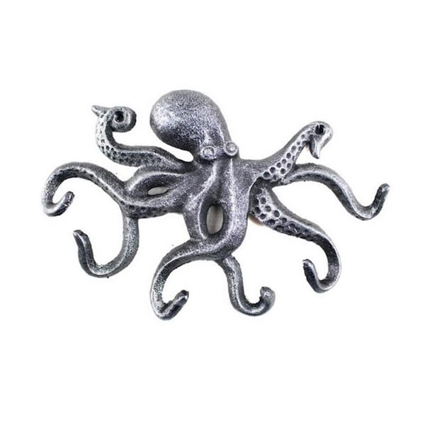 Handcrafted Decor Antique Silver Cast Iron octopus Hook- 11 in. - K-0942-SILVER