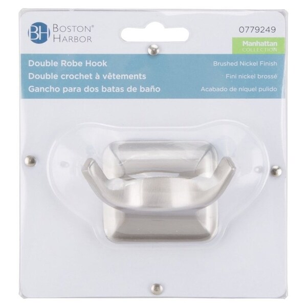 Boston Harbor 3653-07 Double Robe Hook, 2-Hook, Zinc, Brushed Nickel, Wall Mounting - 3653-07-SOU