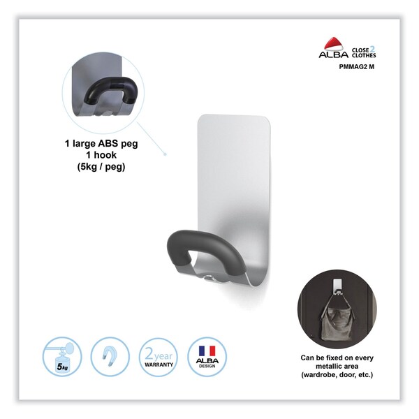 Alba Magnetic Coat Peg, ABS/Magnet/Steel, Black/Silver, Supports 11 lbs - 3129710017133