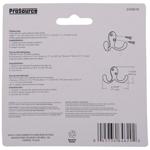 Prosource Coat and Hat Hook, 22 lb, 2-Hook, 7/8 in Opening, Zinc, Antique Brass - 23263ABB3L-PS