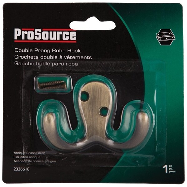 Prosource Coat and Hat Hook, 22 lb, 2-Hook, 7/8 in Opening, Zinc, Antique Brass - 23263ABB3L-PS