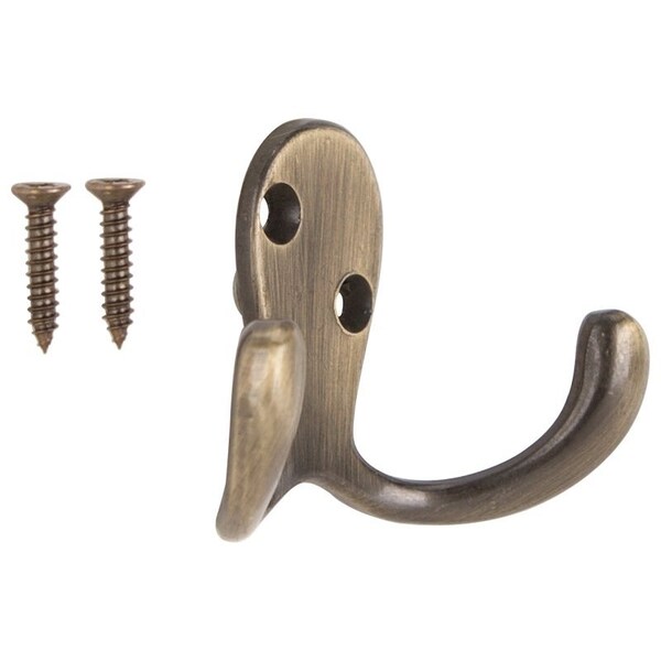 Prosource Coat and Hat Hook, 22 lb, 2-Hook, 7/8 in Opening, Zinc, Antique Brass - 23263ABB3L-PS