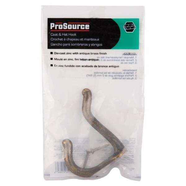 Prosource Coat and Hat Hook, 22 lb, 2-Hook, 1 in Opening, Zinc, Antique Brass - H62-B071