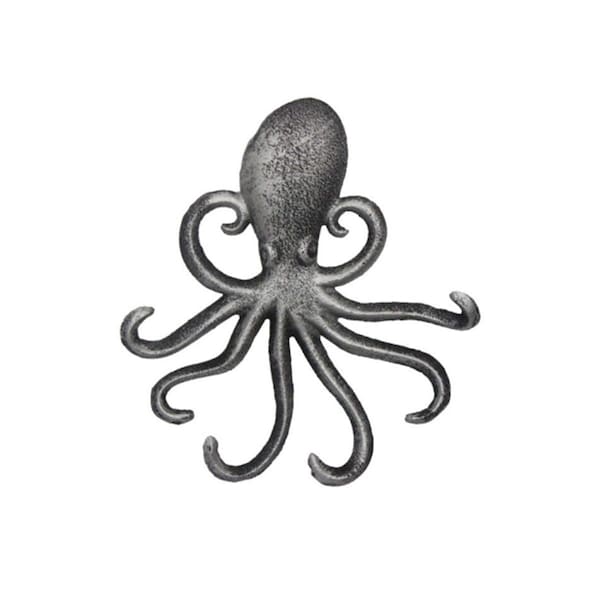 Handcrafted Model Ships 7 in. Cast Iron Wall Mounted octopus Hooks - Rustic Silver - G-54-717-SILVER