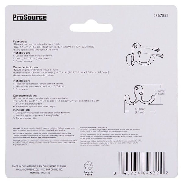 Prosource Coat and Hat Hook, 22 lb, 2-Hook, 7/8 in Opening, Zinc, Oil-Rubbed Bronze - 23263ORBB3L-PS