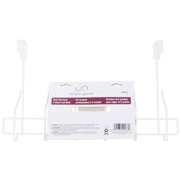 Simple Spaces Door Garment Hook, 6 lb, 6-Hook, Steel, Powder Coated, Hanging Mounting - SS-HG6-50-PE-3L