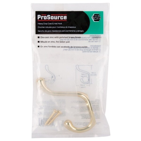 Prosource Coat and Hat Hook, 22 lb, 2-Hook, 1-1/64 in Opening, Zinc, Polished Brass - H6271007PB-PS