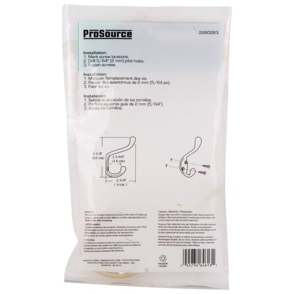 Prosource Coat and Hat Hook, 22 lb, 2-Hook, 1-1/64 in Opening, Zinc, Polished Brass - H6271007PB-PS