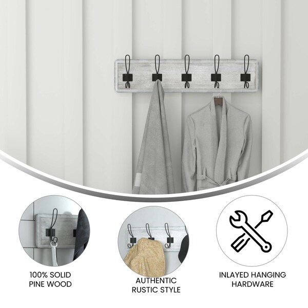 Flash Furniture 24" Whitewashed Wall Mount Coat Rack with Hooks - HFKHD-GDI-CRE8-332315-GG