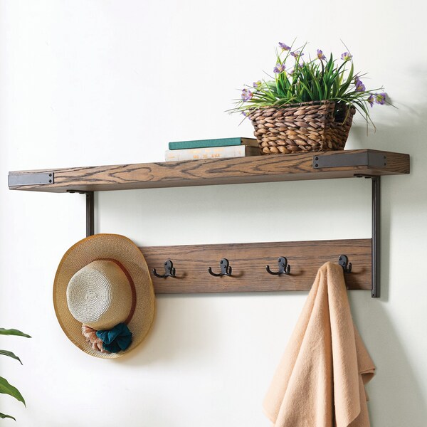 Alaterre Furniture Kyra 42" Oak and Metal Coat Hook with Shelf - ANKY24RBG