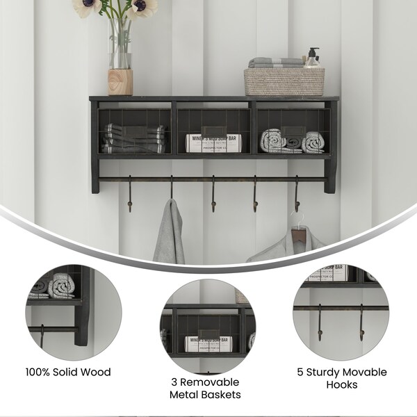 Flash Furniture 24" Blackwashed Wall Mount Coat Rack with Baskets - HFMHD-GDI-CRE8-112315-GG