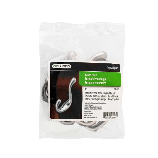 Onward 3 38inch HeavyDuty Utility Metal Coat Hook, Brushed Nickel Finish, 5PK - 235NBS