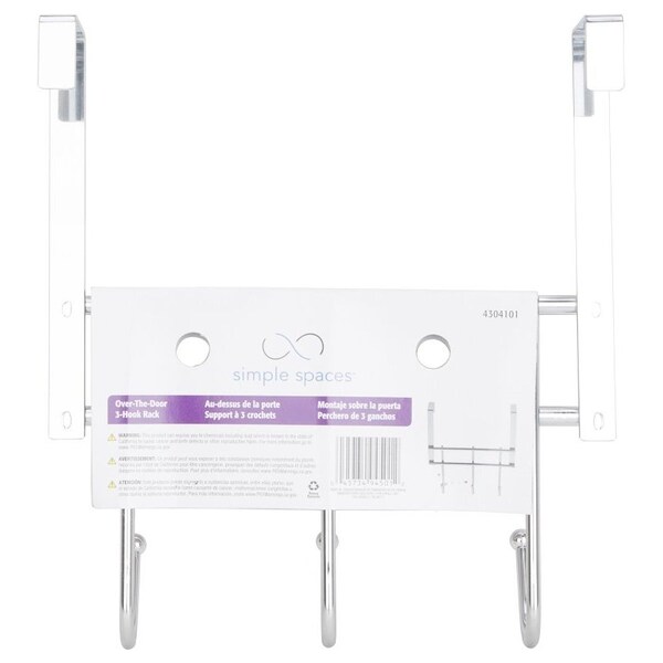 Simple Spaces Door Garment Hook, Each Hook: 4.8 lb, 3-Hook, Steel, Chrome, Hanging Mounting - HK06-CH