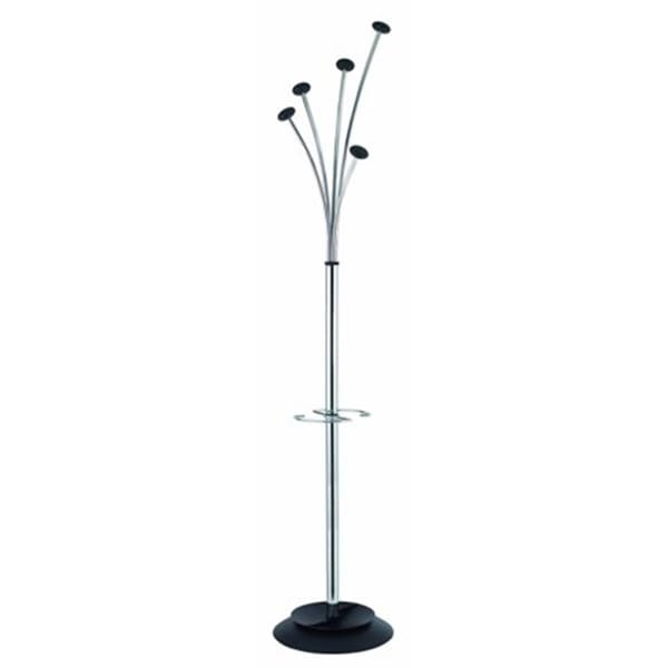 Alba Festival Coat Stand in Chrome- with 5 Black Rounded Coat Pegs and an Integrated Umbrella Holder - PMFESTYCH