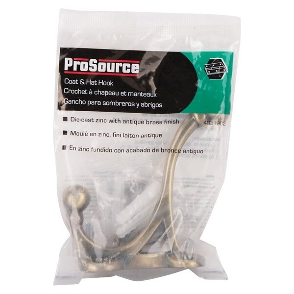 Prosource Coat and Hat Hook, 33 lb, 2-Hook, 1-1/2 in Opening, Zinc, Antique Brass - H-014-AB