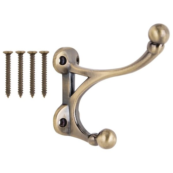 Prosource Coat and Hat Hook, 33 lb, 2-Hook, 1-1/2 in Opening, Zinc, Antique Brass - H-014-AB