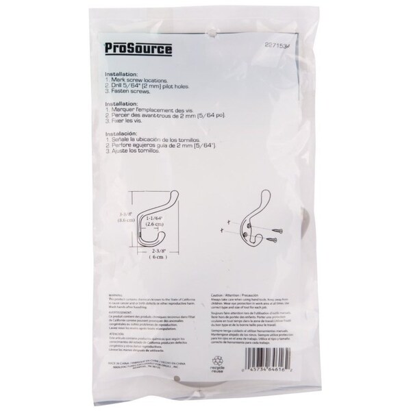 Prosource Coat and Hat Hook, 22 lb, 2-Hook, 1-1/64 in Opening, Zinc, Satin Nickel - H6271007SN-PS