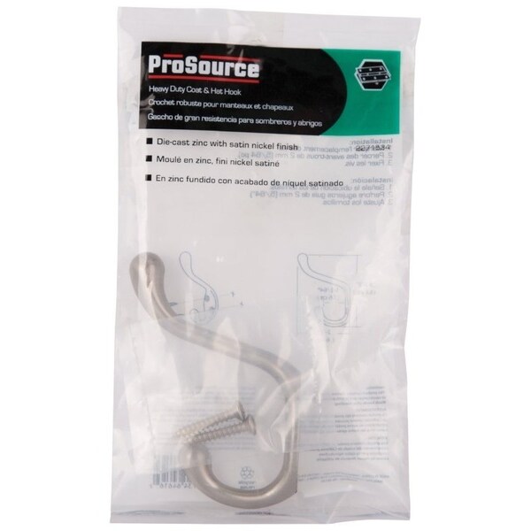 Prosource Coat and Hat Hook, 22 lb, 2-Hook, 1-1/64 in Opening, Zinc, Satin Nickel - H6271007SN-PS