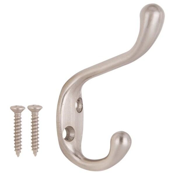 Prosource Coat and Hat Hook, 22 lb, 2-Hook, 1-1/64 in Opening, Zinc, Satin Nickel - H6271007SN-PS
