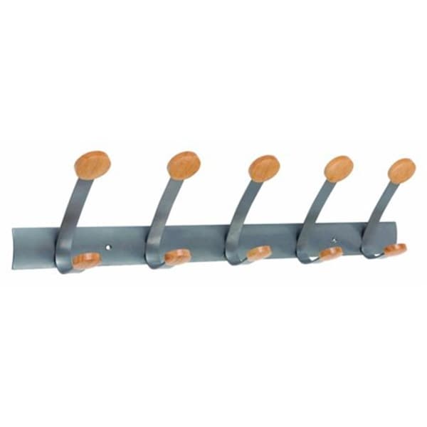 Homeric Modern Silver Coated Steel Coat Hook with 5 Double Light Wood Coat pegs - HO33868