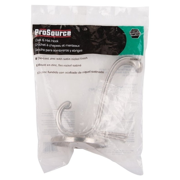 Prosource Coat and Hat Hook, 33 lb, 2-Hook, 1 in Opening, Zinc, Satin Nickel - H-031-SN
