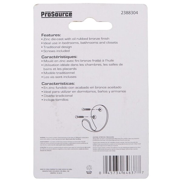 Prosource Coat and Hat Hook, 22 lb, 1-Hook, 1-1/8 in Opening, Zinc, Oil-Rubbed Bronze - H63ORB-PS