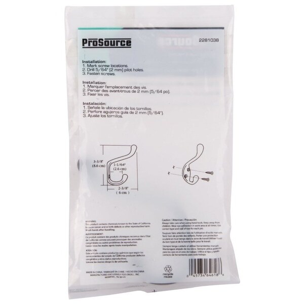 Prosource Coat and Hat Hook, 22 lb, 2-Hook, 1-1/64 in Opening, Zinc, Venetian Bronze - H6271007VB3L-PS