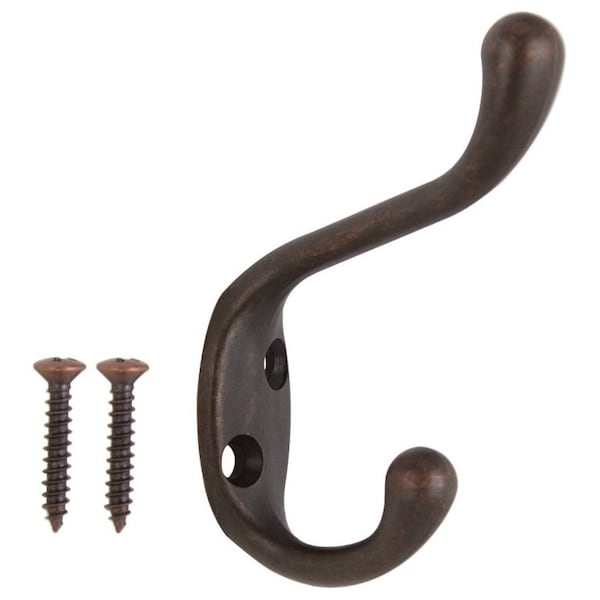 Prosource Coat and Hat Hook, 22 lb, 2-Hook, 1-1/64 in Opening, Zinc, Venetian Bronze - H6271007VB3L-PS