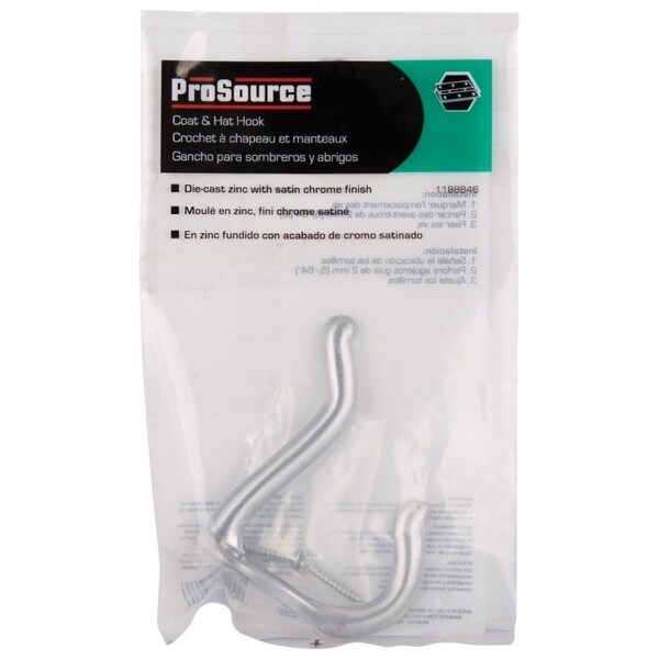 Prosource Coat and Hat Hook, 22 lb, 2-Hook, 1 in Opening, Zinc, Satin Chrome - H62-B075