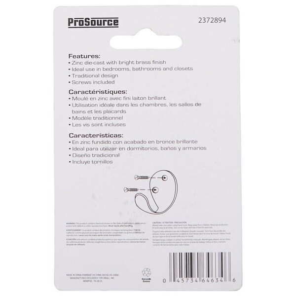 Prosource Coat and Hat Hook, 22 lb, 1-Hook, 1-1/8 in Opening, Zinc, Brass - H63PB-PS