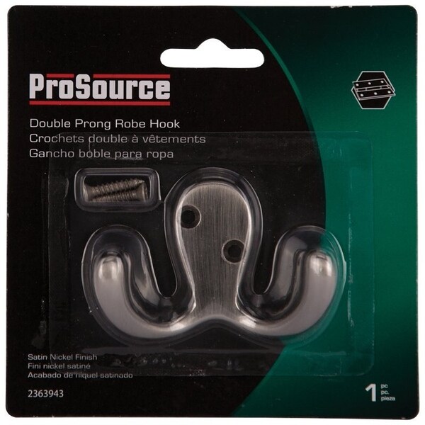 Prosource Coat and Hat Hook, 22 lb, 2-Hook, 7/8 in Opening, Zinc, Satin Nickel - 23263SNB3L-PS