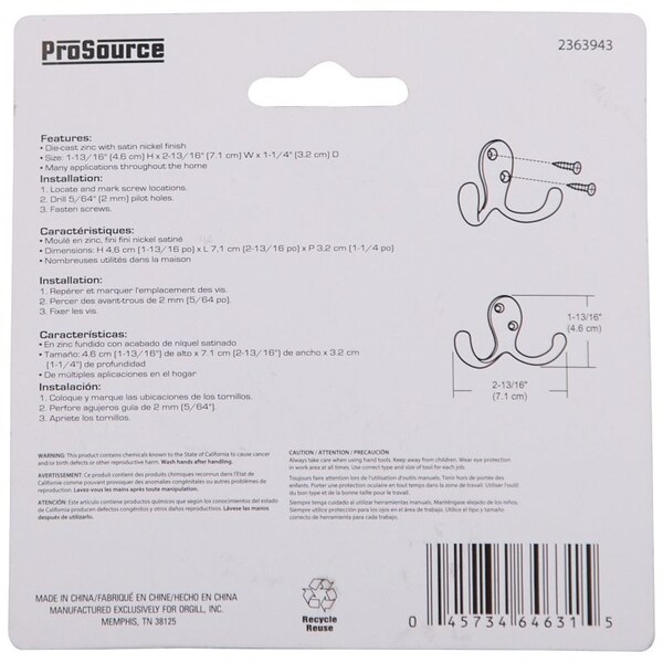 Prosource Coat and Hat Hook, 22 lb, 2-Hook, 7/8 in Opening, Zinc, Satin Nickel - 23263SNB3L-PS