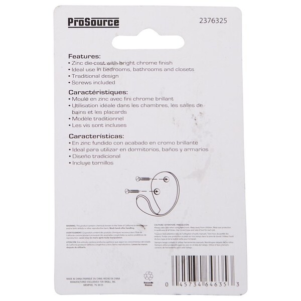 Prosource Coat and Hat Hook, 22 lb, 1-Hook, 1-1/8 in Opening, Zinc, Chrome - H63CH-PS