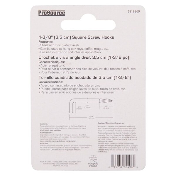 Prosource Screw Hook, 3/8 in Opening, 3 mm Thread, 1-3/8 in L, Steel, Zinc - LR-399-PS