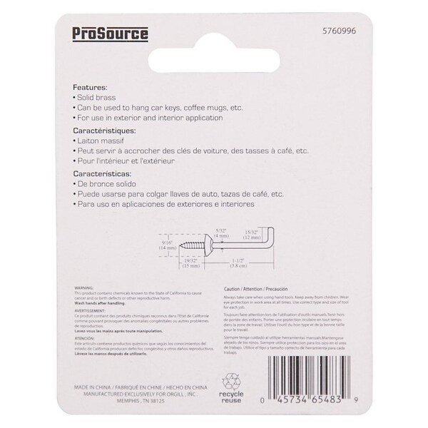 Prosource Shoulder Hook, 15/32 in Opening, 4.5 mm Thread, 2-1/16 in L, Brass, Brass - LR-403-PS