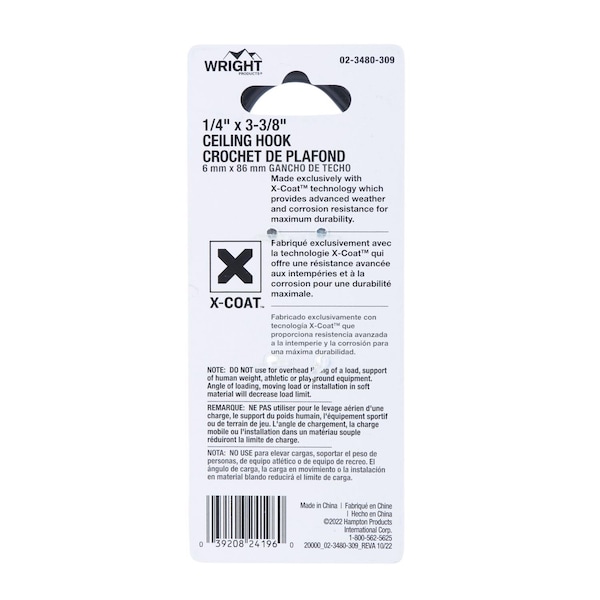 Wright Wright Medium Matte Black Steel 3-3/8 in. L Ceiling Hook 50 lb 1 pk - 02-3480-309