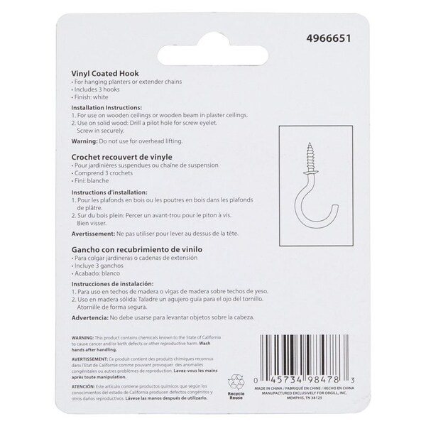 Landscapers Select Storage Hook, 1-27/64 L, 2-3/4 in H, Steel, White, Wall Mount Mounting - GB0263L