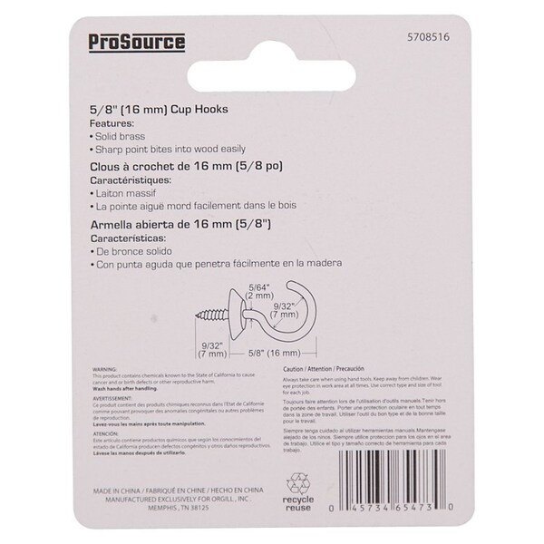 Prosource Cup Hook, 9/32 in Opening, 2.5 mm Thread, 15/16 in L, Brass, Brass - LR-382-PS