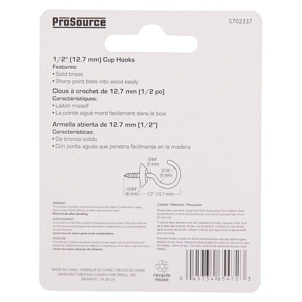 Prosource Cup Hook, 3/16 in Opening, 2.5 mm Thread, 3/4 in L, Brass, Brass - LR-381-PS