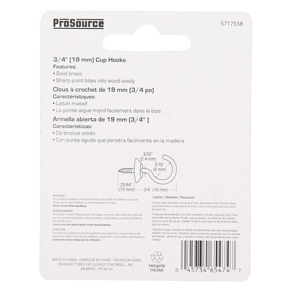 Prosource Cup Hook, 5/16 in Opening, 3 mm Thread, 1-1/8 in L, Brass, Brass - LR-383-PS