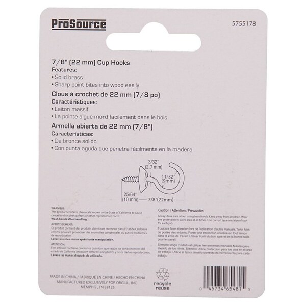 Prosource Cup Hook, 11/32 in Opening, 3.2 mm Thread, 1-1/4 in L, Brass, Brass - LR-391-PS