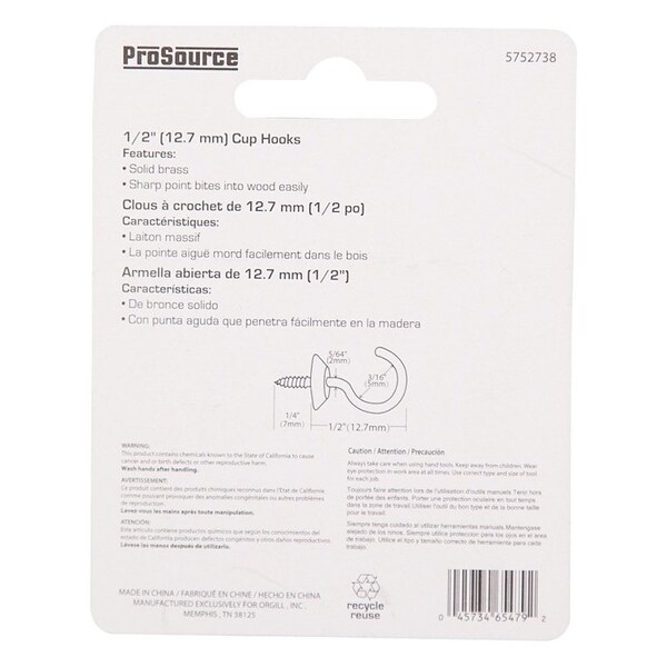 Prosource Cup Hook, 3/16 in Opening, 2.5 mm Thread, 3/4 in L, Brass, Brass - LR-388-PS