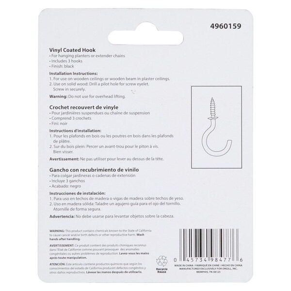 Landscapers Select Storage Hook, 1.42 in L, 2-1/2 in H, Steel, Black, Zinc Plated, Wall Mount Mounting - GB0253L