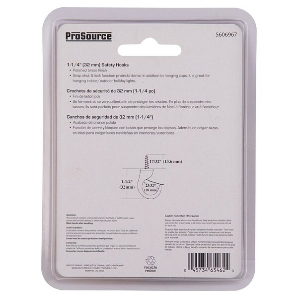 Prosource Cup Hook, 17/32 in Thread, 46 mm L, Zinc Alloy, Polished Brass - PH-122242-PS