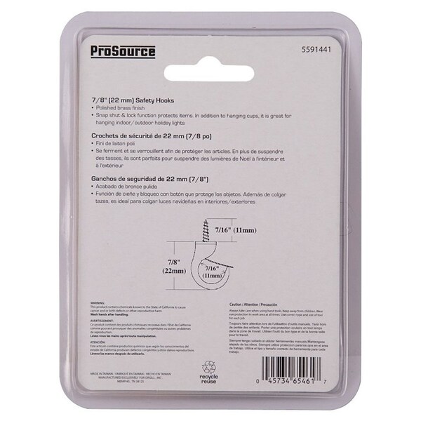 Prosource Cup Hook, 7/16 in Thread, 33 mm L, Zinc Alloy, Polished Brass - PH-122240-PS