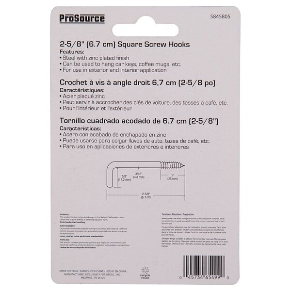 Prosource Screw Hook, 5/8 in Opening, 5.3 mm Thread, 2-5/8 in L, Steel, Zinc - LR-396-PS